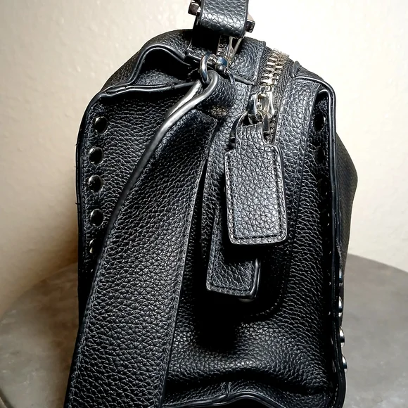 Pebbled Black Vegan Leather Studded Billet Biker Rocker Handbag Crossbody Bag - Picture 3 of 12